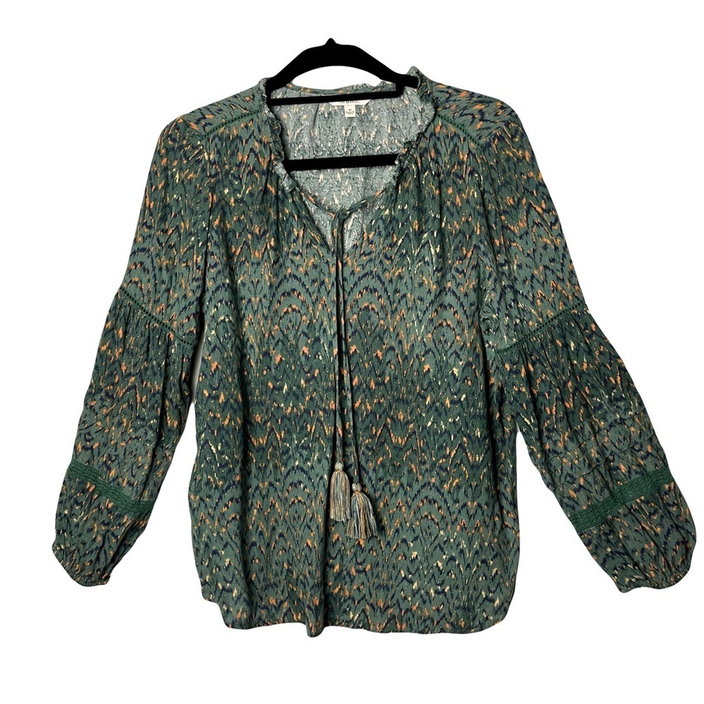 Liverpool | Green Ikat Print Popover Long Sleeve Shirred Blouse, Medium
